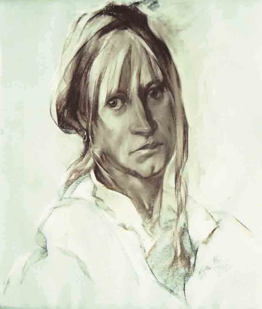 Female portrait. Paper. Brown sauce. Chalk. Size: 70x50