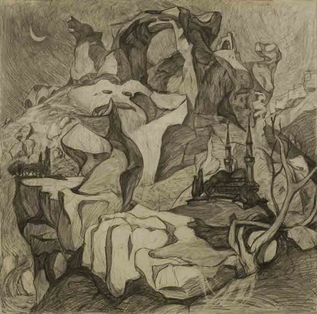 Sketch to the project  Cimmerian shores. Paper. Pencil.  Size: 61x61. Year: 1997.