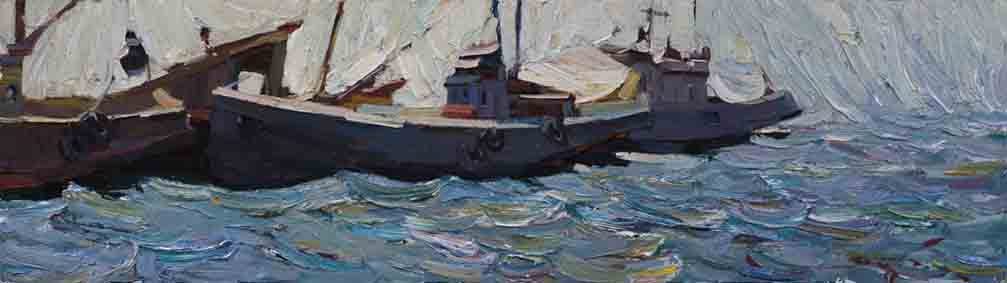 Seiners at a dock. Cardboard, oil.  Size: 34,5х122. Year: 2005